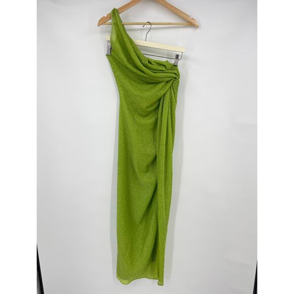 Oseree | SS24 Lumière Knot Dress Lime Green Glitter One Shoulder Midi Dress S-M - Picture 3 of 11